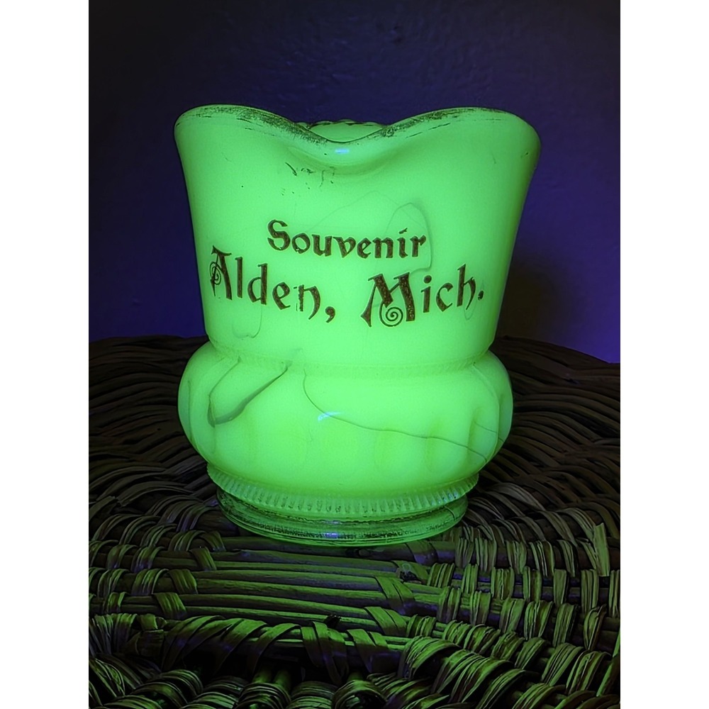 Alden Michigan Custard Glass Pitcher Cup Souvenir. Antique Souvenir